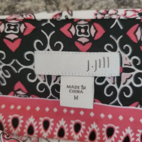 J.Jill Women's Border Floral Print Long Sleeve Peasant Top Black/Pink Sz Medium - Picture 7 of 13
